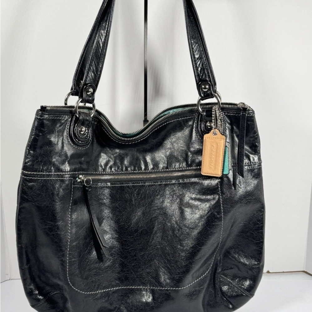 COACH LG POPPY 19002 Black Distressed LEATHER Tote Shoulder Handbag